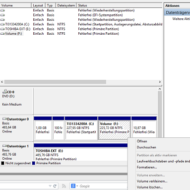 Datentrgerverwaltung von Windows 8.1 nach Partitionierung in der Datentrgerverwaltung mit geffneten Dropdownmen fr eine Partition