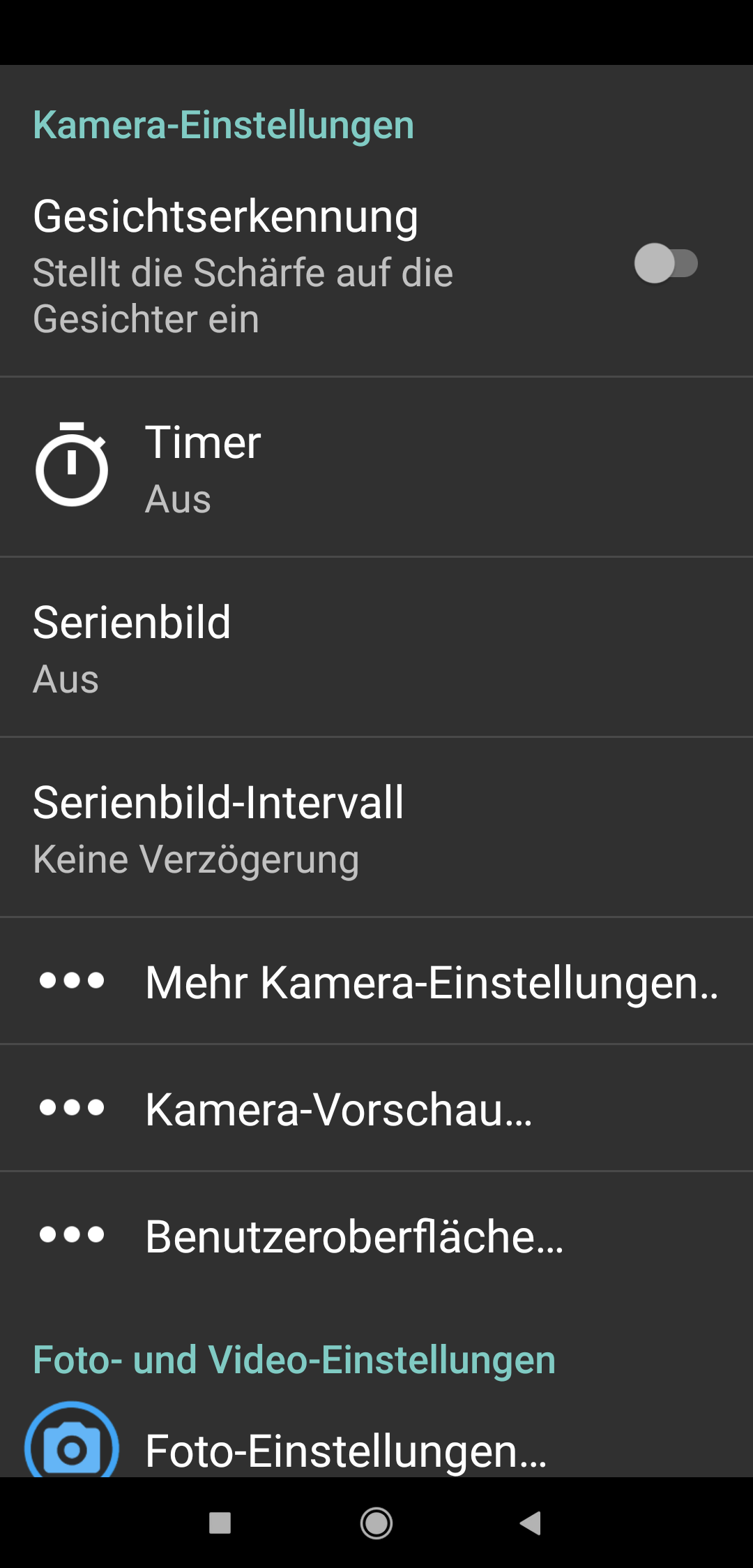 Teilausschnitt der Einstellungen von Open Camera