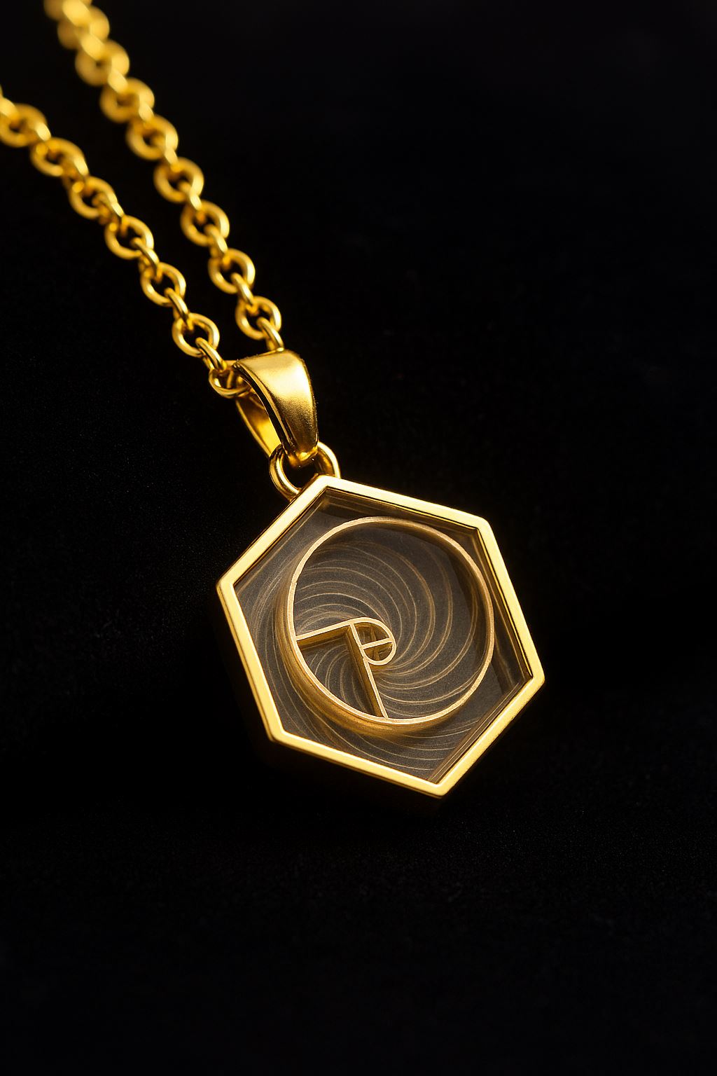 Anhaenger mit Fibonacci-Spirale mit Goldkette aufschwarzen Samt