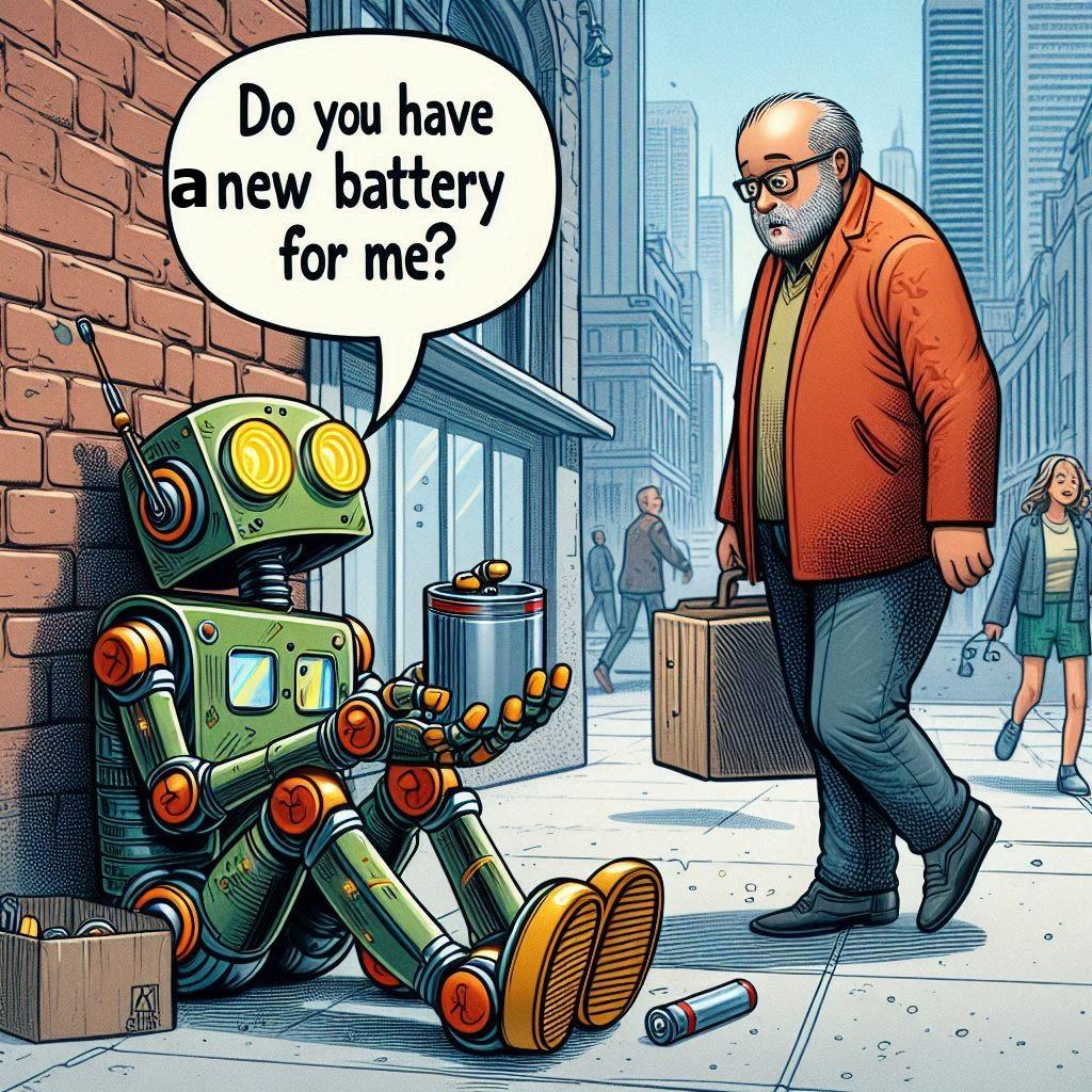 KI generiertes Bild mit Sprechblase eines bettelnden Roboters in der steht: Do you have a battery for me?