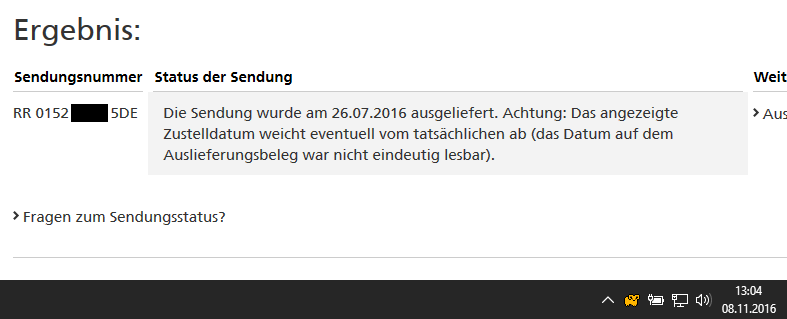 Screenshot von Nachverfolgung eines Einschreibens