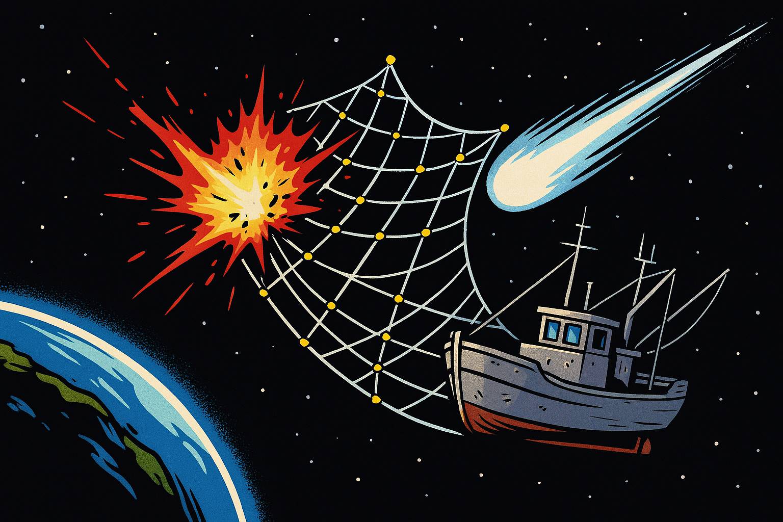 Mit dem Kometennetz auf Asteriodenfang. Bild erstellt von Copilot Biing mit Raumschiff, welchhes auf Asteriodenfang geht und einen Kometen vor der Erde abfngt.