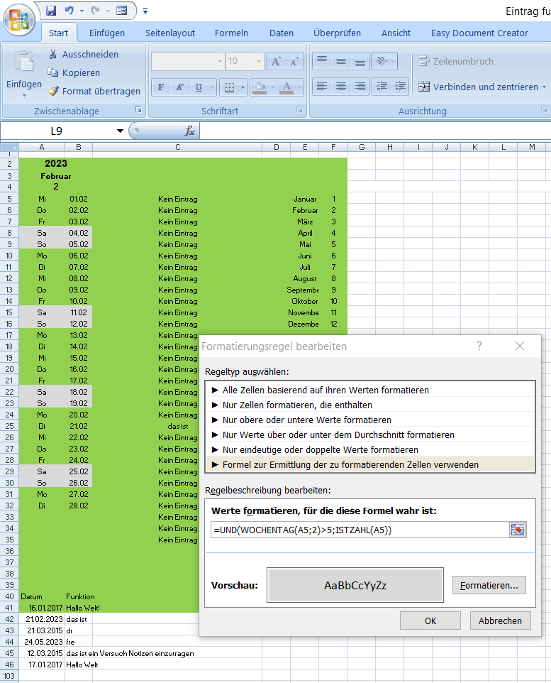 Vorschau auf Kalender