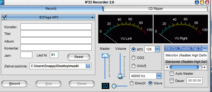 No23 Recorder mit geffneten Dropdownfeld zur Auswahl fr Stereomix