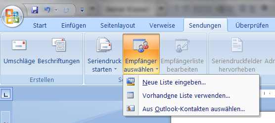 Seriendruck, Registerkarte Sendungen, Empfnger auswhlen, Mglichkeit: Neue Liste eingeben.