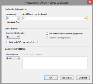 Dialog-Fenster zur Erstellung einer RAM-Disc der Software von Soft Perfect