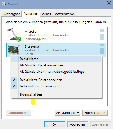 Dialogfeld Sound in der Register Aufnahme von Win 10