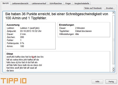 Auswertungsfenster nach Schreibtraining von Tipp10.